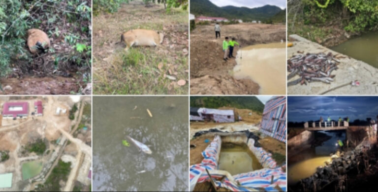 សមត្ថកិច្ចកំពុងពិនិត្យទីតាំងក្រុមហ៊ុន CAMBODIAN XUAN YI MINERALS CO., LTD. នៅពេលមានករណីមានត្រីនិងគោងាប់នៅតំបន់អូរឬស្សីក្នុងស្រុកទឹកផុស